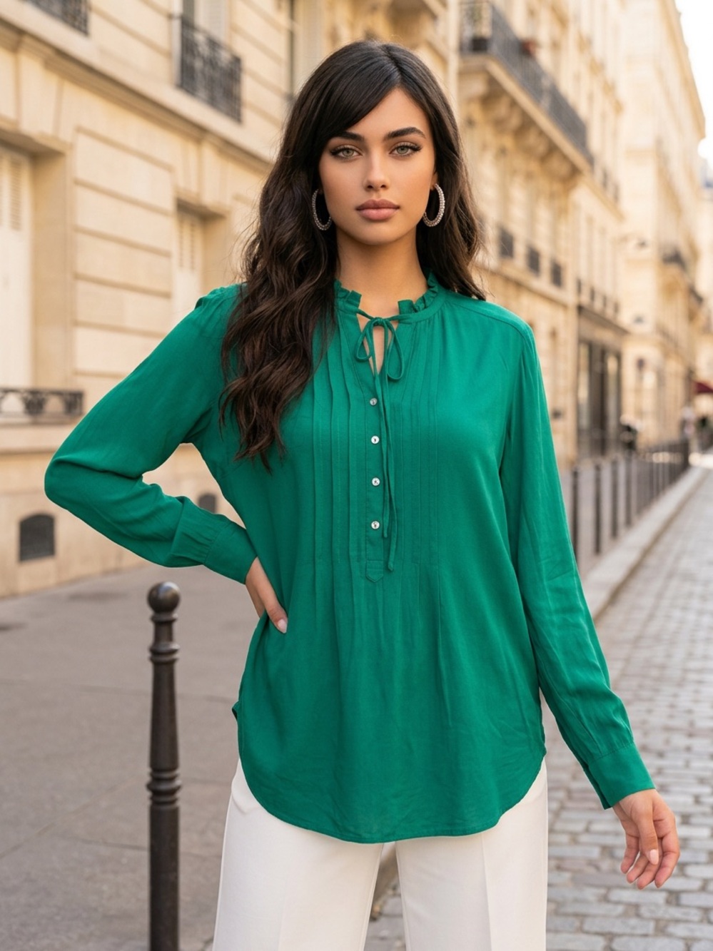 LOFT Emerald Teal Green Ruffle-Tie Long Sleeve Blouse